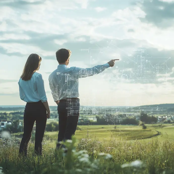 Zwei Menschen auf dem feld zeigen in die Ferne
