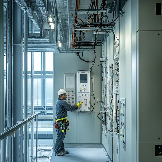 Arbeiter Installiert Kbael in industriegebäude